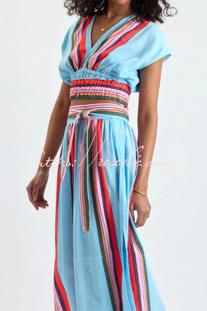 Stylish Striped Print V-neck Cropped Top and Elastic Waist Casual Maxi Skirt Set
