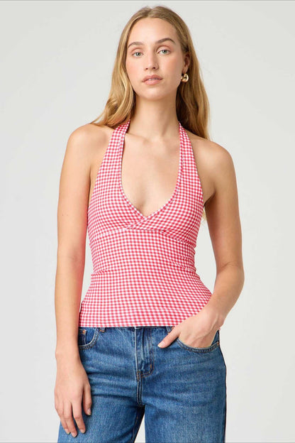 Top halter ajustado de cuadros y lunares sexi