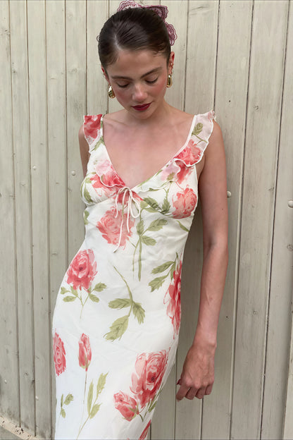 Vestido midi con cuello en V de malla y estampado floral