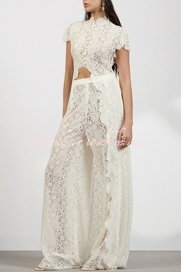 Elegance Avant-garde Floral Lace Short Sleeve High Low Top and High Rise Wide Leg Pants Set