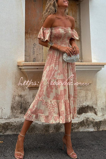 Pitaya Unique Print Off Shoulder Smocked Ruffle Sleeve Layered Midi Dress