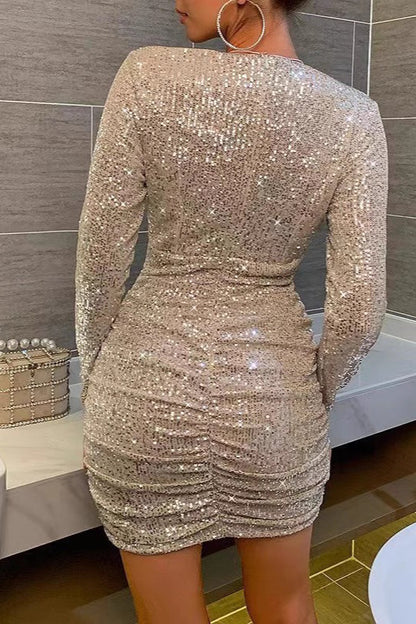 Long Sleeve V-Neck Ruched Sequin  Sequin Dress