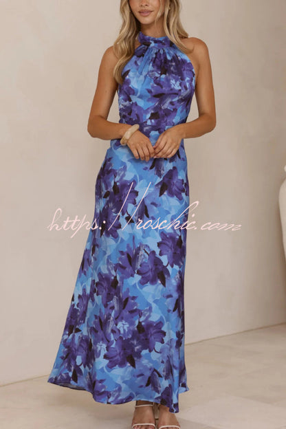 Floral Print Sleeveless Halter Neck Tie Holiday Maxi Dress