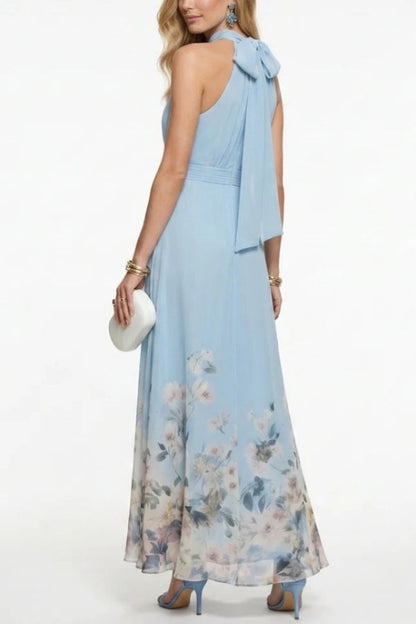 Floral Print Halter Neck Sleeveless Elegant Waist-cinching Maxi Dress