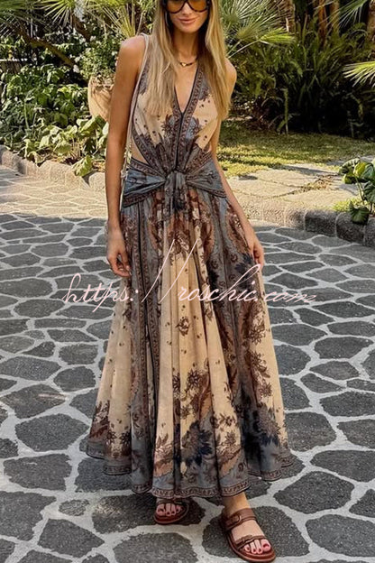Chapel Linen Blend Floral Print Cutout Tie-up Waist Pocket Halter Backless Maxi Dress