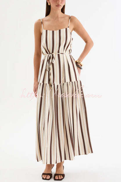 Striped Printed Spaghetti Strap Sleeveless Tie-up Casual Vacation Maxi Dress
