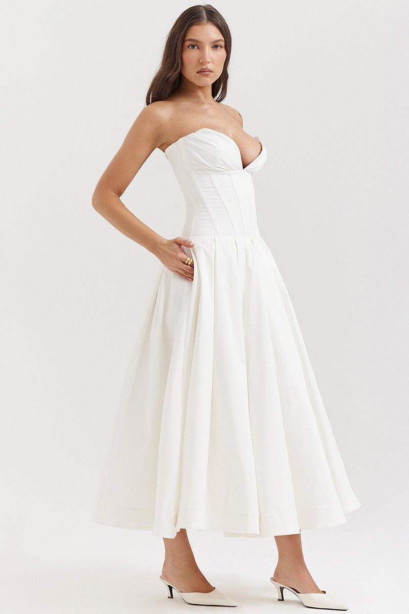 Vestido de fiesta con corsé sin tirantes y corte A