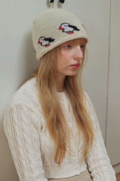 Gorro de punto con patrón de pájaros y bloques de color de mezcla de pelo de conejo