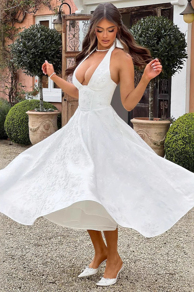 Vestido de fiesta jacquard con cuello halter en V