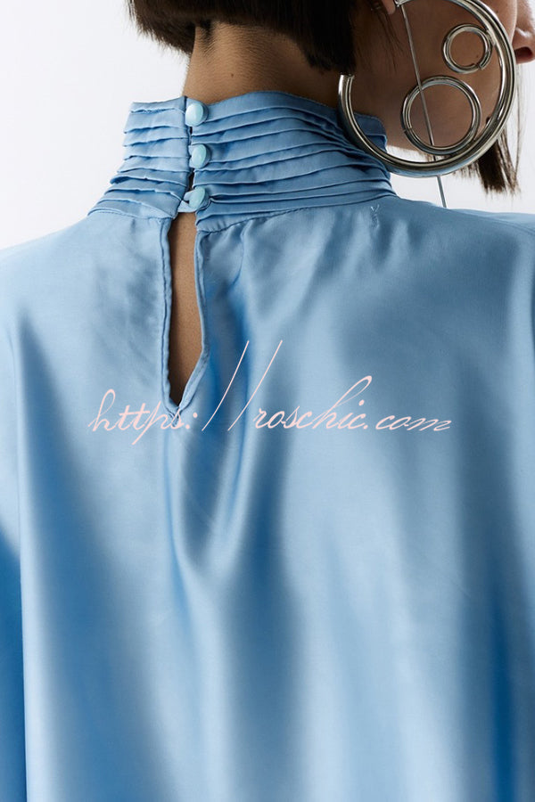 Luisa Satin Floral Print Pleated High-neck Batwing Cutout Sleeve Loose  Cape Mini Dress