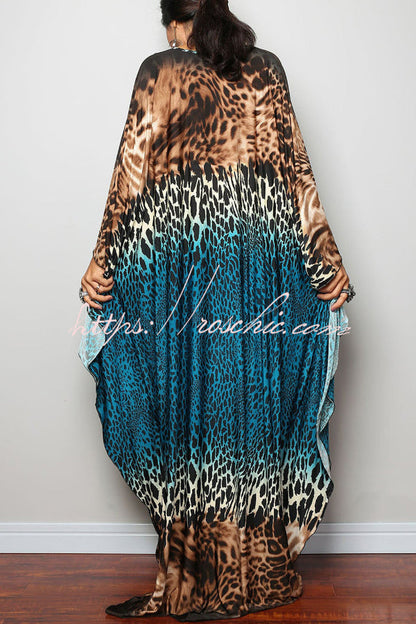 Unique Print Loose V-Neck Batwing Sleeve Casual Maxi Dress