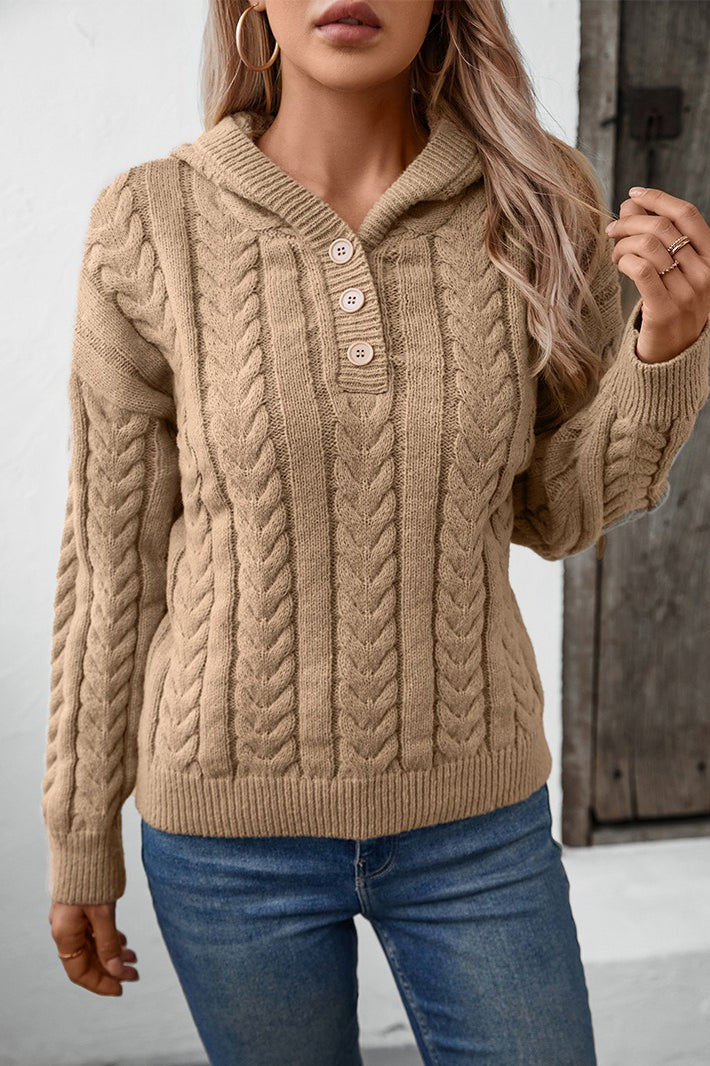 Vintage Solid Color Button-Front Hooded Thick Warm Sweater