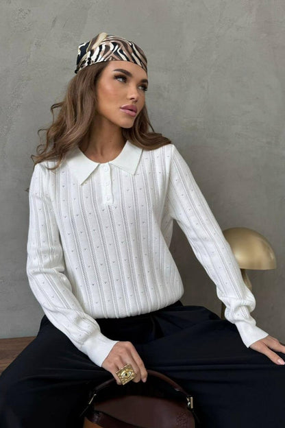 Blusa holgada de manga larga con cuello polo jacquard