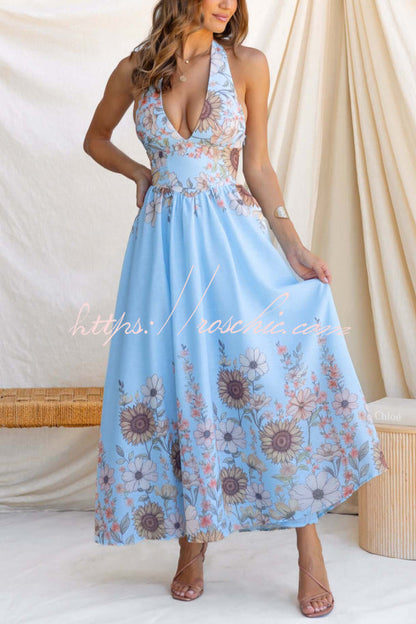Sunflower Print V-neck Fitted Waist Elegant Maxi Dress
