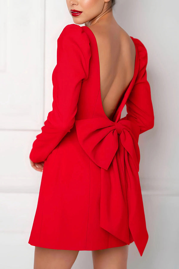 Gift for You Puff Shoulder Long Sleeve Back Bow Detail Mini Dress (Shipped Within 24 Hours)