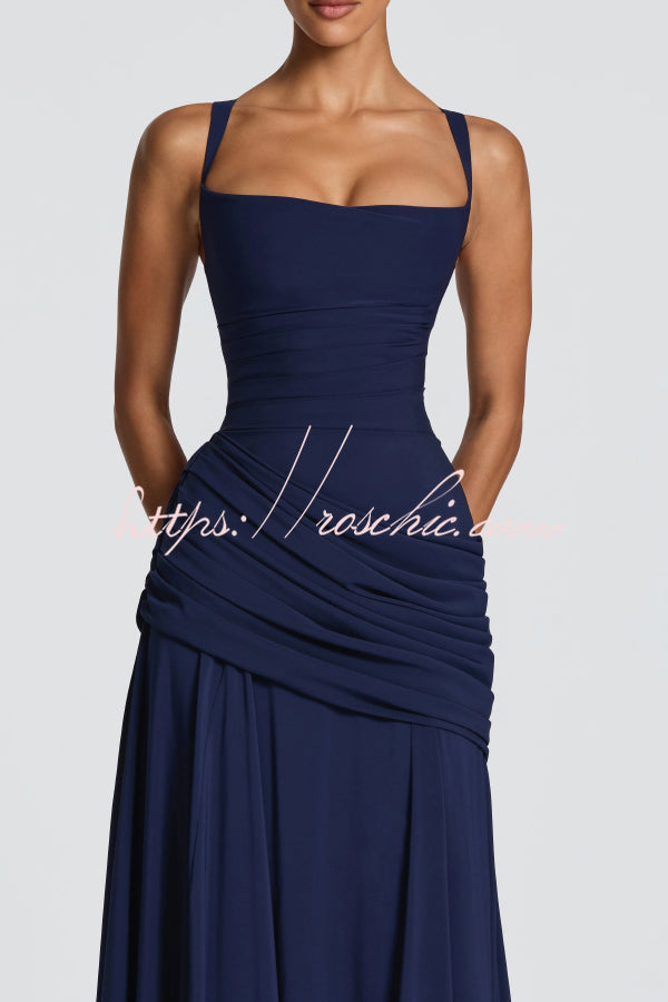 Stylish Spaghetti Strap Square Neck Slim-fit Elegant Pleated Maxi Dress