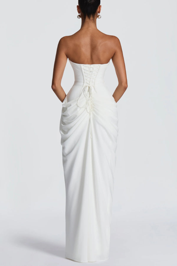 Cyra Back Lace-up Asymmetrical Pleats Strapless Slit Maxi Dress（Buy 2 Get Free Shipping）