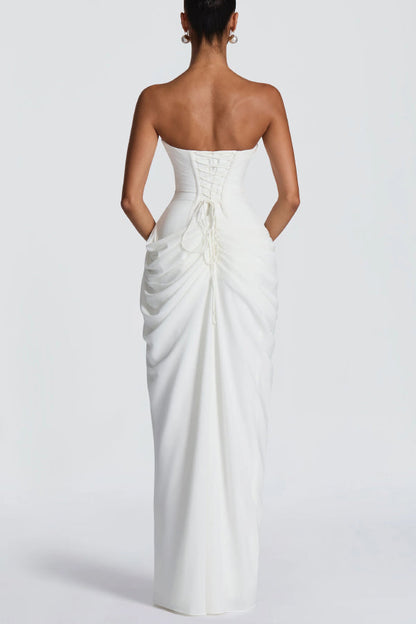 Cyra Back Lace-up Asymmetrical Pleats Strapless Slit Maxi Dress（Buy 2 Get Free Shipping）