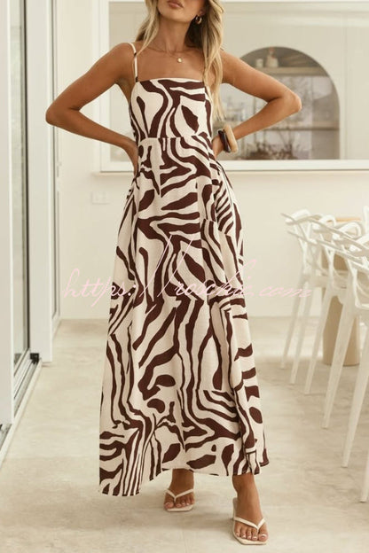 Zebra Print Sleeveless Spaghetti Strap High-waisted Vacation Maxi Dress
