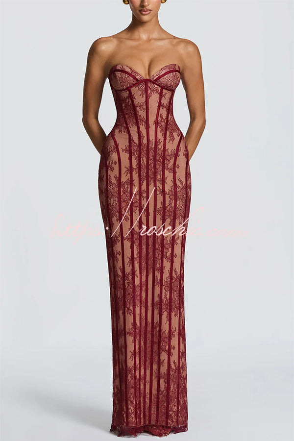 Sian Floral Lace Contrast Structural Detail Back Lace-up Strapless Slit Maxi Dress