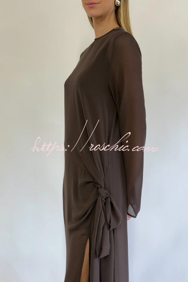 Fashionable Mesh See-through Round Neck Long Sleeve Tie Bow Slit Maxi Dress