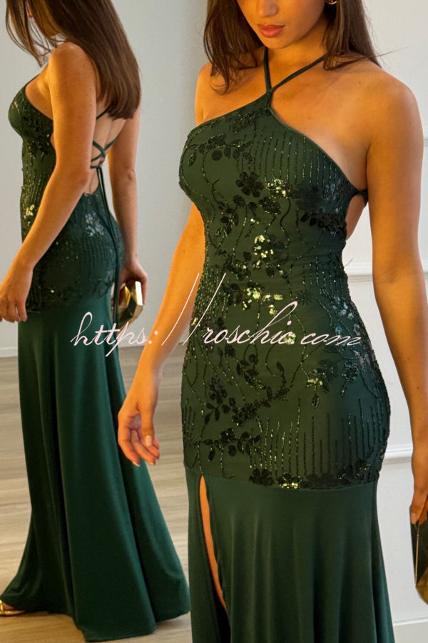 Fashionable Sequined Halter Neck Elegant Slim-fit Slit Maxi Dress