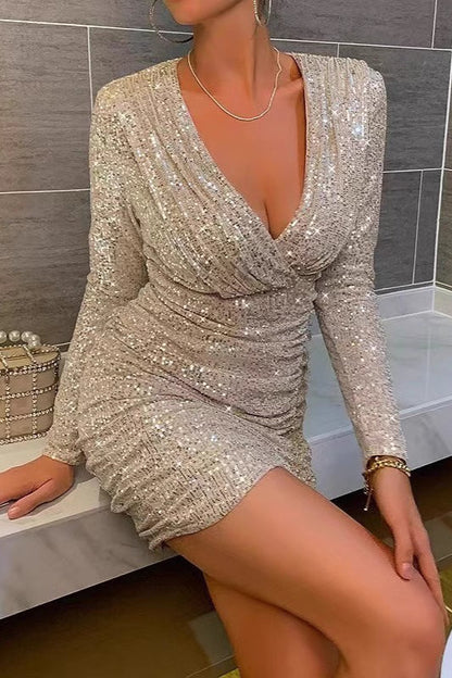 Long Sleeve V-Neck Ruched Sequin  Sequin Dress