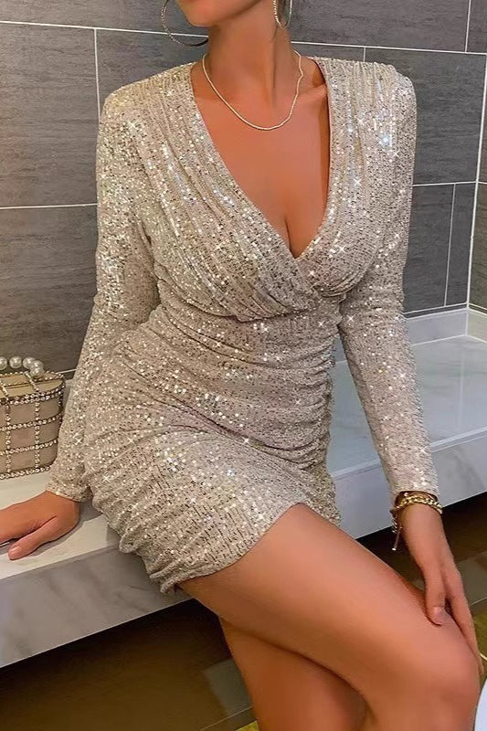 Long Sleeve V-Neck Ruched Sequin  Sequin Dress