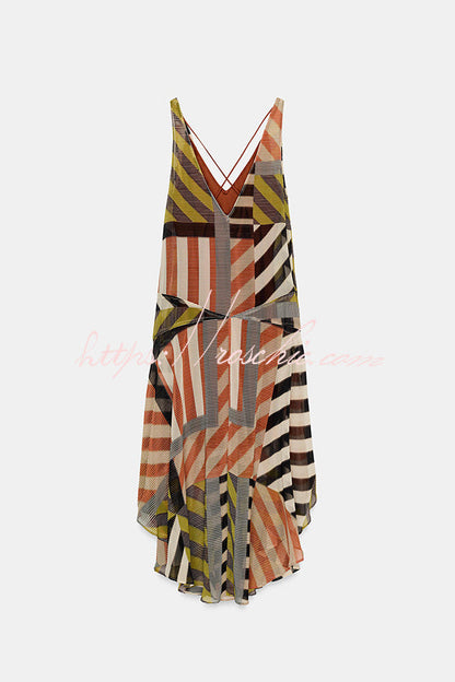Khloe Patchwork Striped Color Block Print Wide Straps Asymmetric Hem Drape Midi Dress