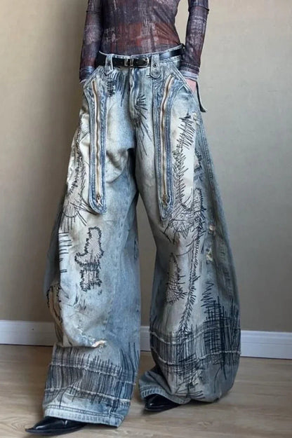 Pantalones vaqueros de pernera ancha con bordado de aguja