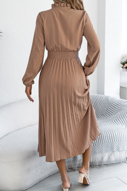 Solid Color Long-sleeved Fitted Waist Pleated Elegant Midi Dress