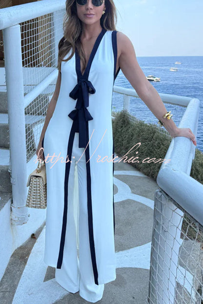 Beach Day Colorblock Bow Detail Slit Midi Top and Elastic Waist Loose Pants Set