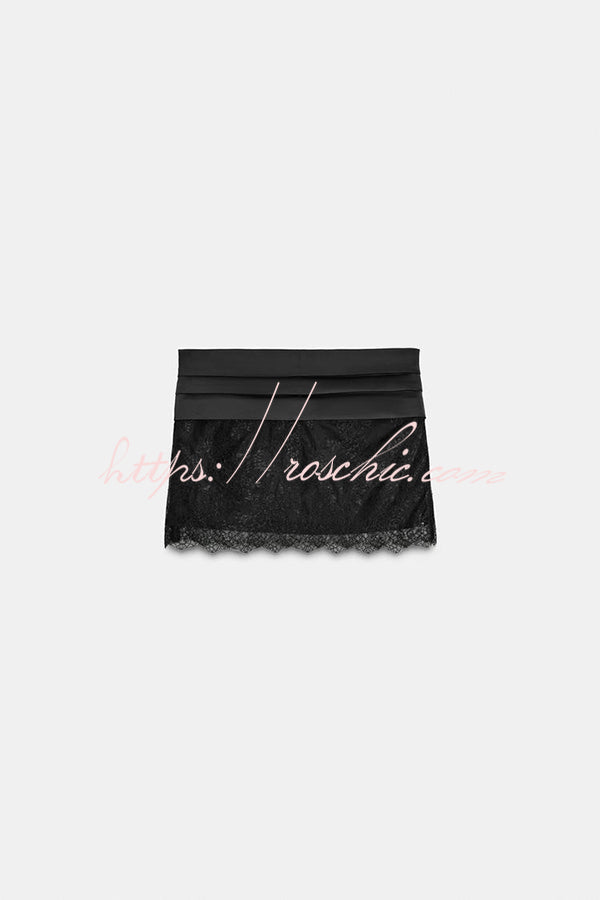 Anna Satin Bow Appliqu¨¦ Mid Rise Lace Hem Mini Skirt