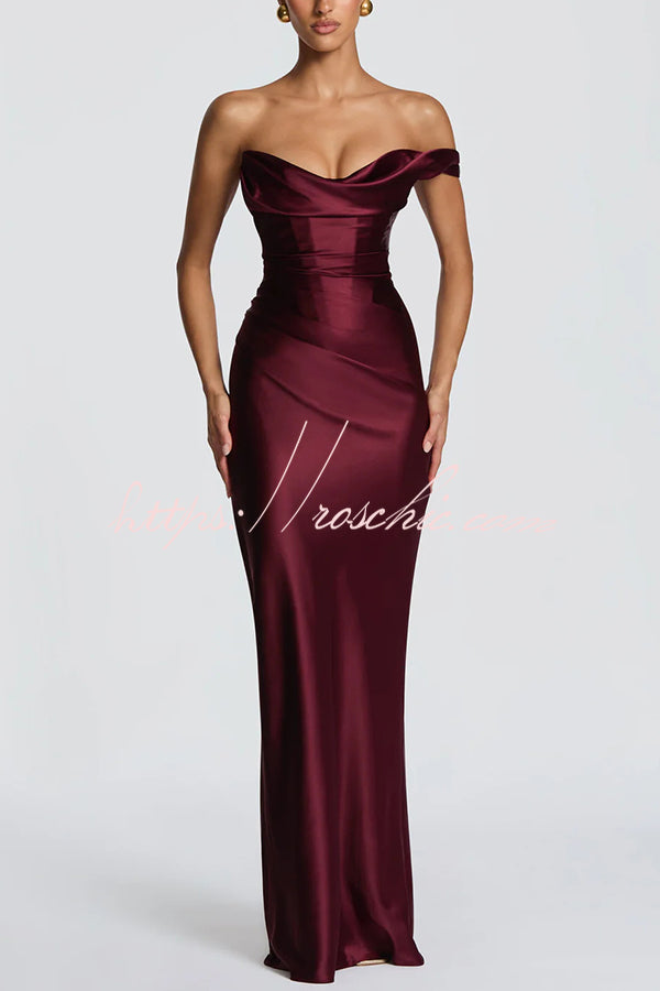 Thalassa Satin One Shoulder Scooped Neck Bias Cut Pleated Maxi Dress