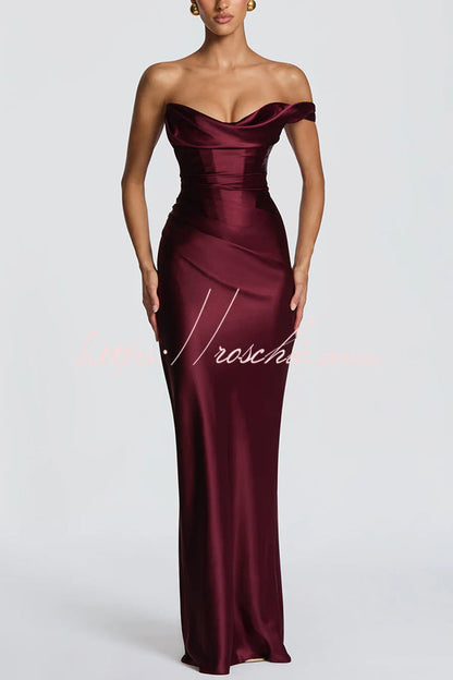 Thalassa Satin One Shoulder Scooped Neck Bias Cut Pleated Maxi Dress