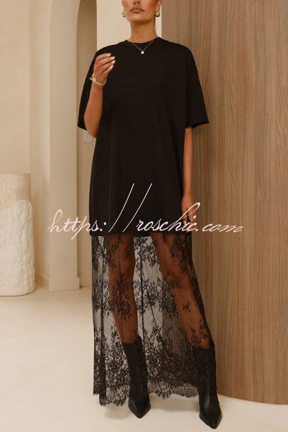 Stylish Loose-fitting Round Neck Short-sleeved Spliced lace Hem Maxi Dress