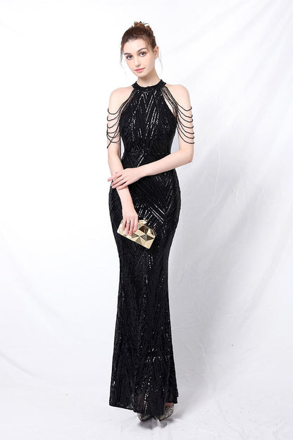 Vestido de fiesta maxi con lentejuelas, escote halter y corte de sirena