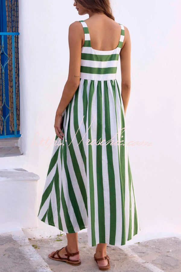 Fashionable Striped Printed Square Neck Sleeveless Casual Vacation Maxi Dress