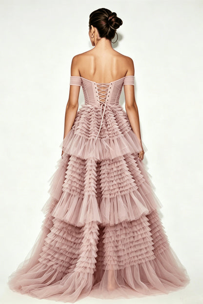 Pink Layered Tulle Prom Dress