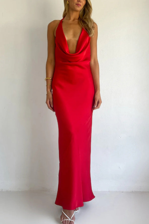 Solid Color Halter Neck Tie Backless Slim Fit Drape Maxi Dress