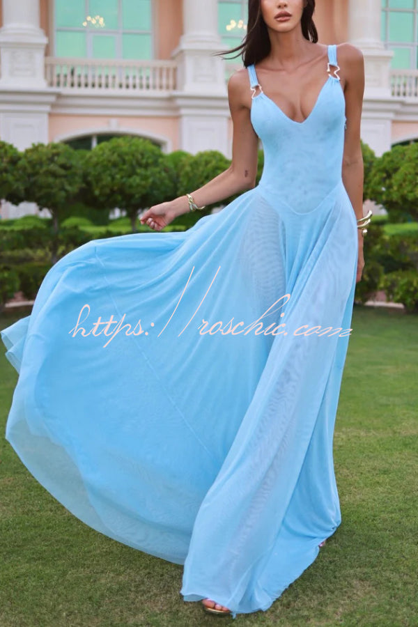 Solid Color V-neck Sleeveless Slim-fit Elegant Mesh Maxi Dress