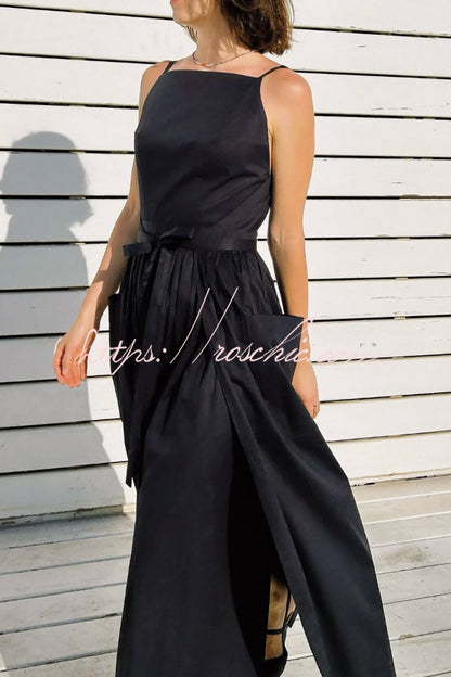Solid Color Sleeveless Side Slit Tie-up Casual Vacation Pocket Maxi Dress