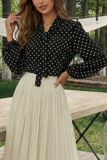 Polka Dot Print Tie-up Long-sleeved Loose Casual Shirt