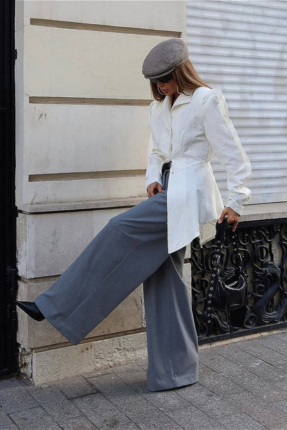 Solid Collared Tie Waist Split Blouse