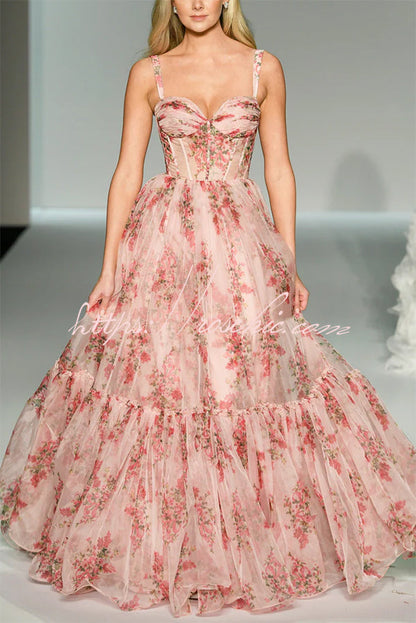 Danah Tulle Floral Print Corset Sweetheart Neck A-line Gown Maxi Dress