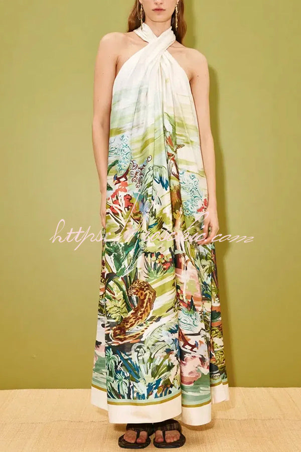 Tropical Eden Halter Neck Backless Maxi Dress