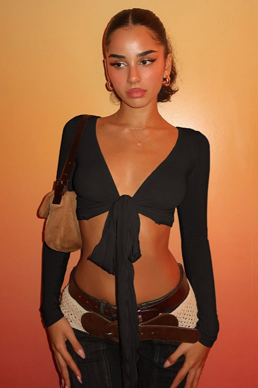 Wrap Tie V Neck  Long Sleeve Cropped Crop Top