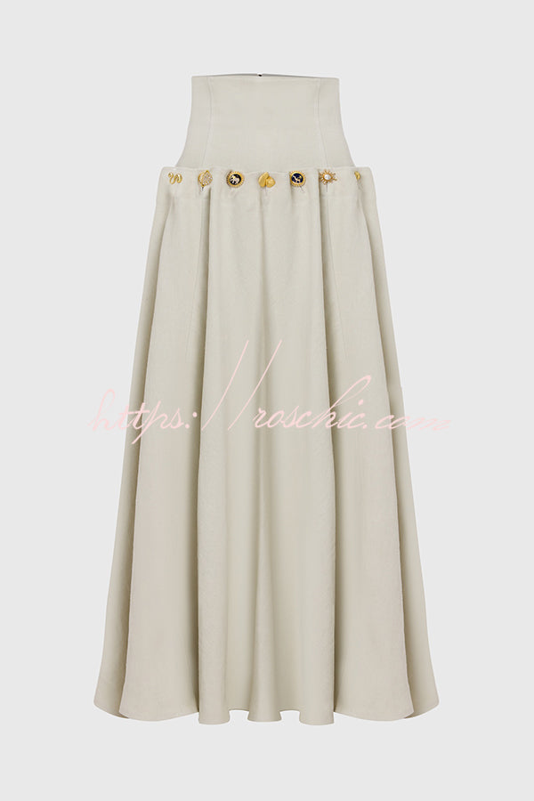 Custom Look Linen Blend Unique Metal Pattern Buttons Lace-up Waist Crisp Hem Maxi Skirt