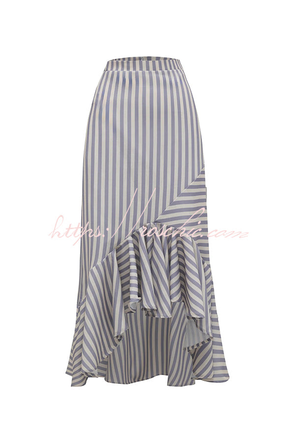 Tierra Striped V-neck Batwing Sleeve Loose Shirt and High Waist Irregular Fishtail Hem Midi Skirt Set