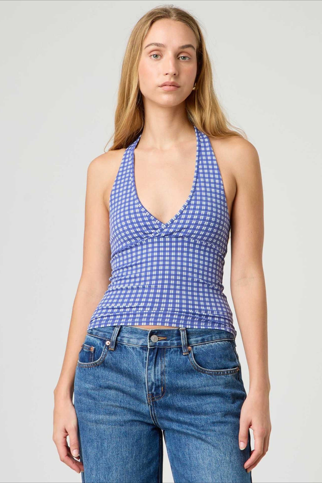 Top halter ajustado de cuadros y lunares sexi